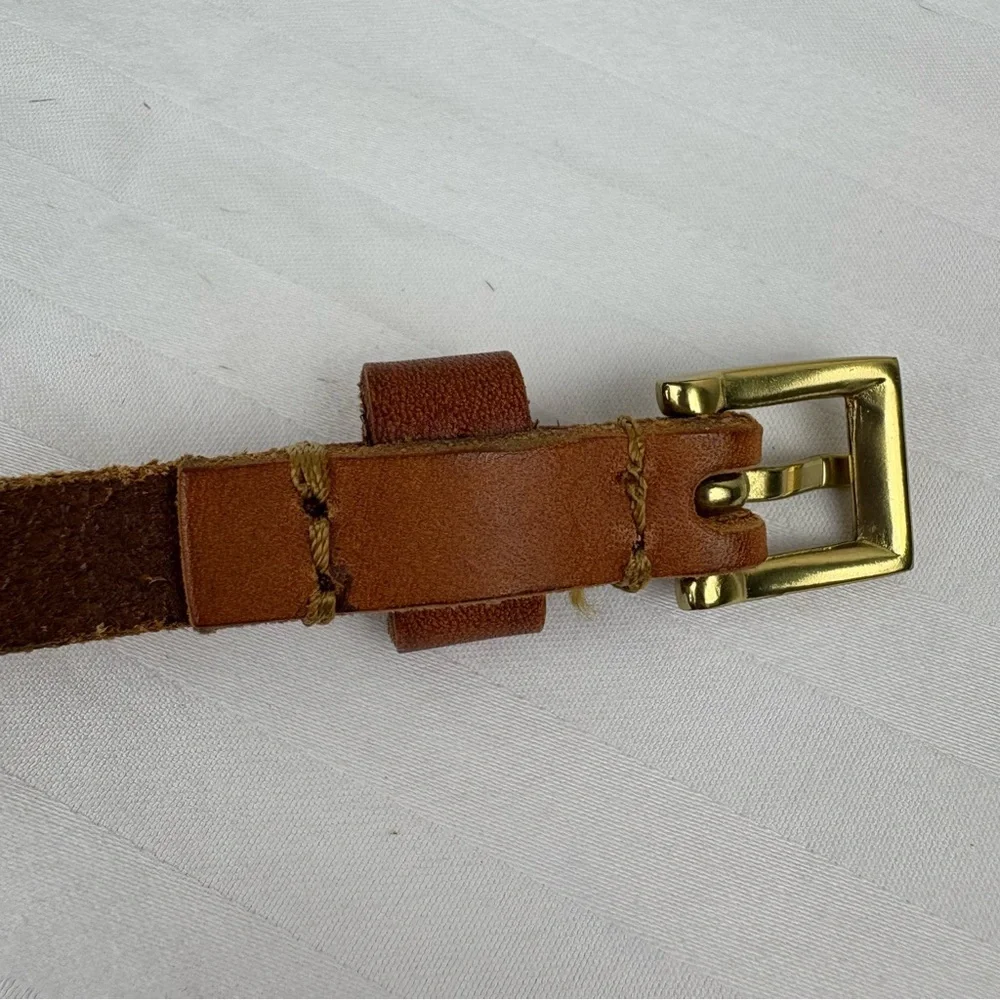 Light Brown Tan Leather Belt Goldtone‎ Silvertone Studded Skinny Belt Bohemian